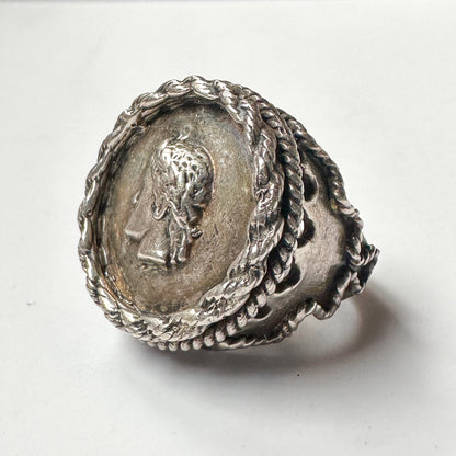 Deadstock Sterling Y2k Roman Coin-Style Ornate Tall Stacking Ring Trending 925 Silver