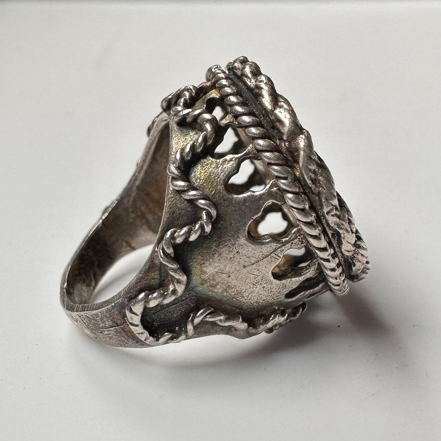 Deadstock Sterling Y2k Roman Coin-Style Ornate Tall Stacking Ring Trending 925 Silver