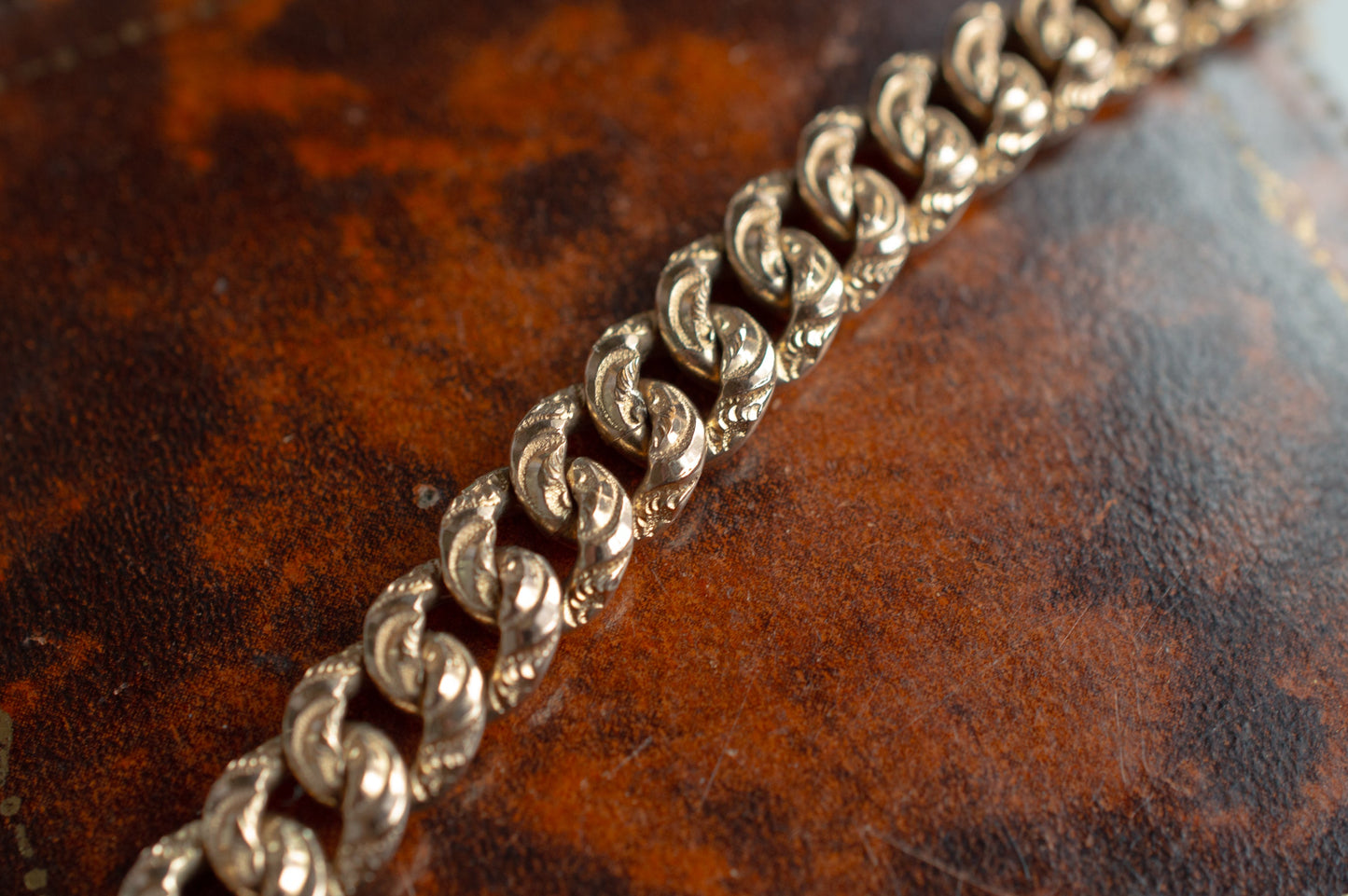 Antique Victorian Heavy Textured Engraved Gold Filled Curb Link Chain Bracelet