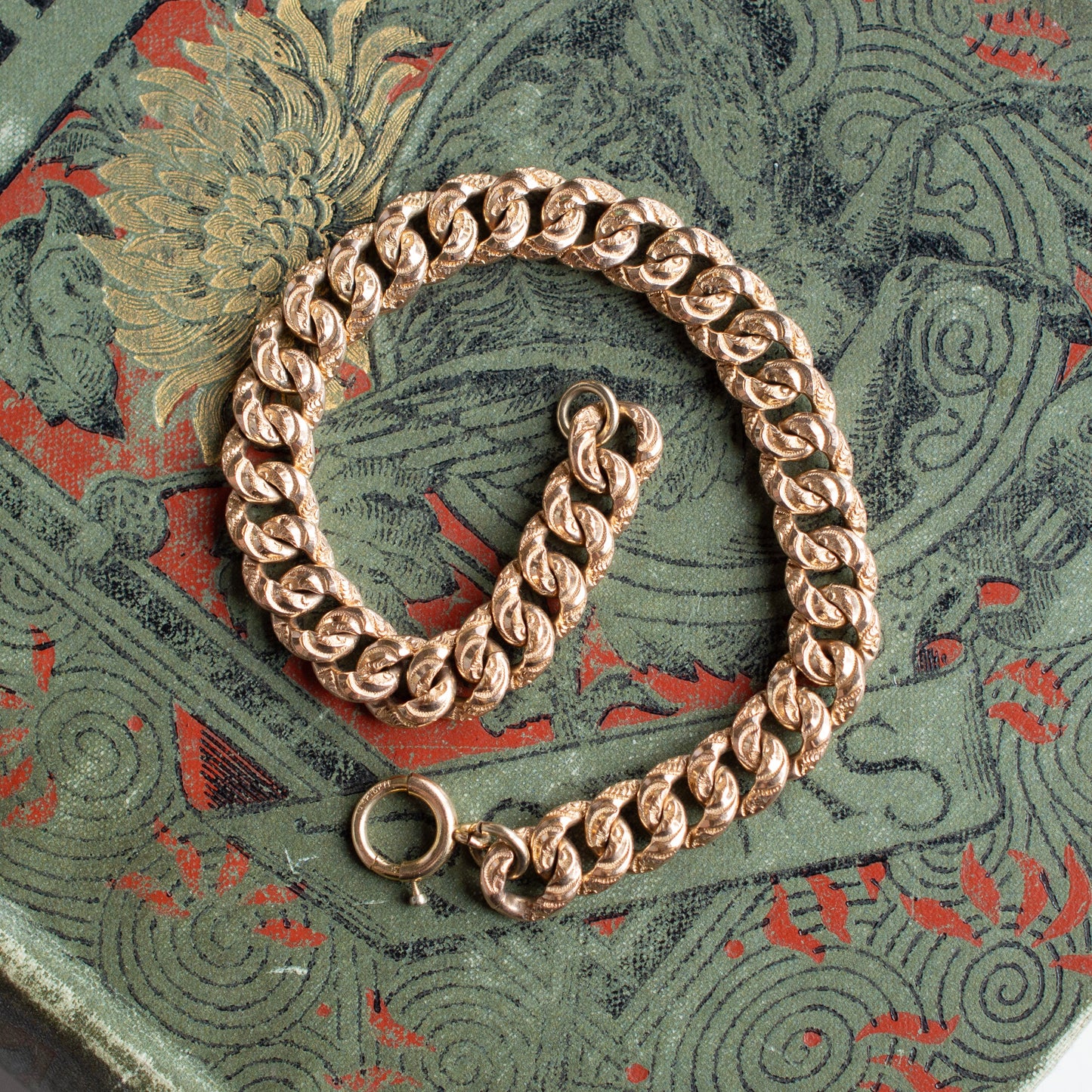 Antique Victorian Heavy Textured Engraved Gold Filled Curb Link Chain Bracelet