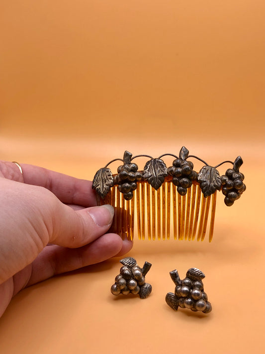 Antique Victorian Sterling & Celluloid Grape Hair Comb with Matching Earring