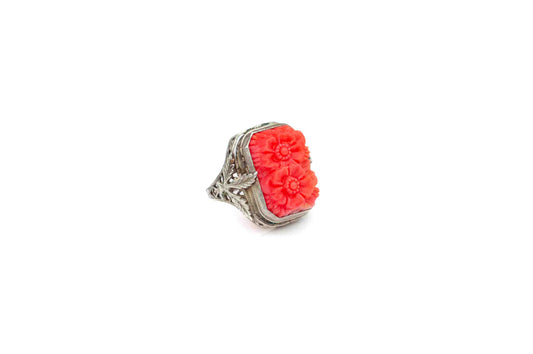 Art Deco Molded Coral Celluloid Sterling Silver Filigree Ring Uncas MFG Co.