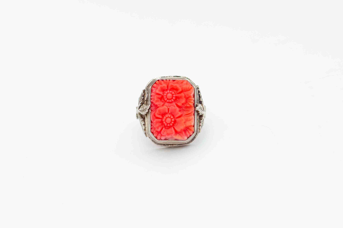 Art Deco Molded Coral Celluloid Sterling Silver Filigree Ring Uncas MFG Co.