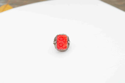 Art Deco Molded Coral Celluloid Sterling Silver Filigree Ring Uncas MFG Co.