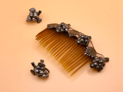 Antique Victorian Sterling & Celluloid Grape Hair Comb with Matching Earring