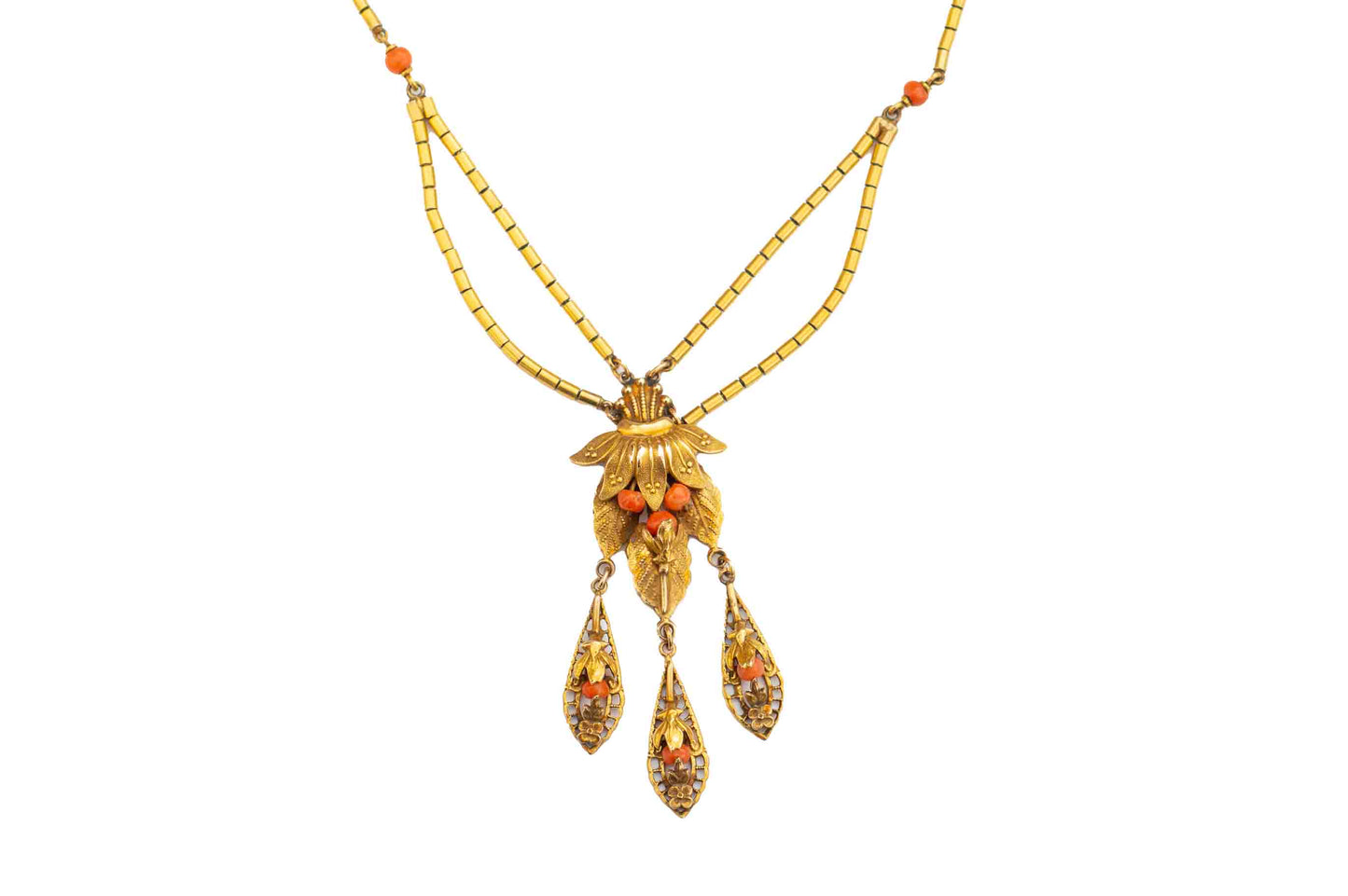 Antique Victorian Etruscan Revival Coral Gold Filled Festoon Necklace