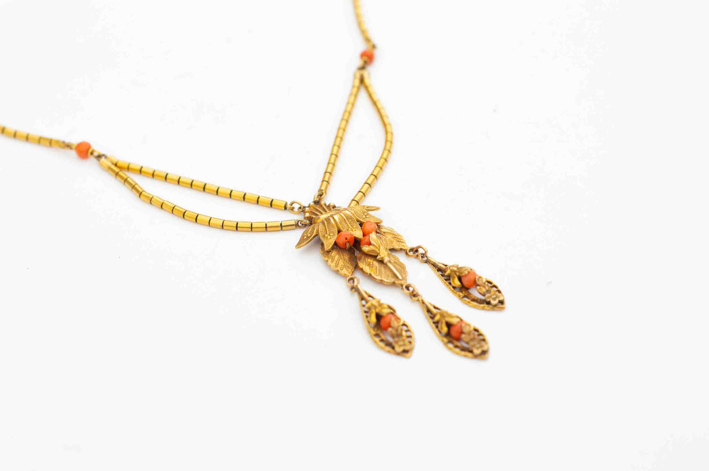 Antique Victorian Etruscan Revival Coral Gold Filled Festoon Necklace