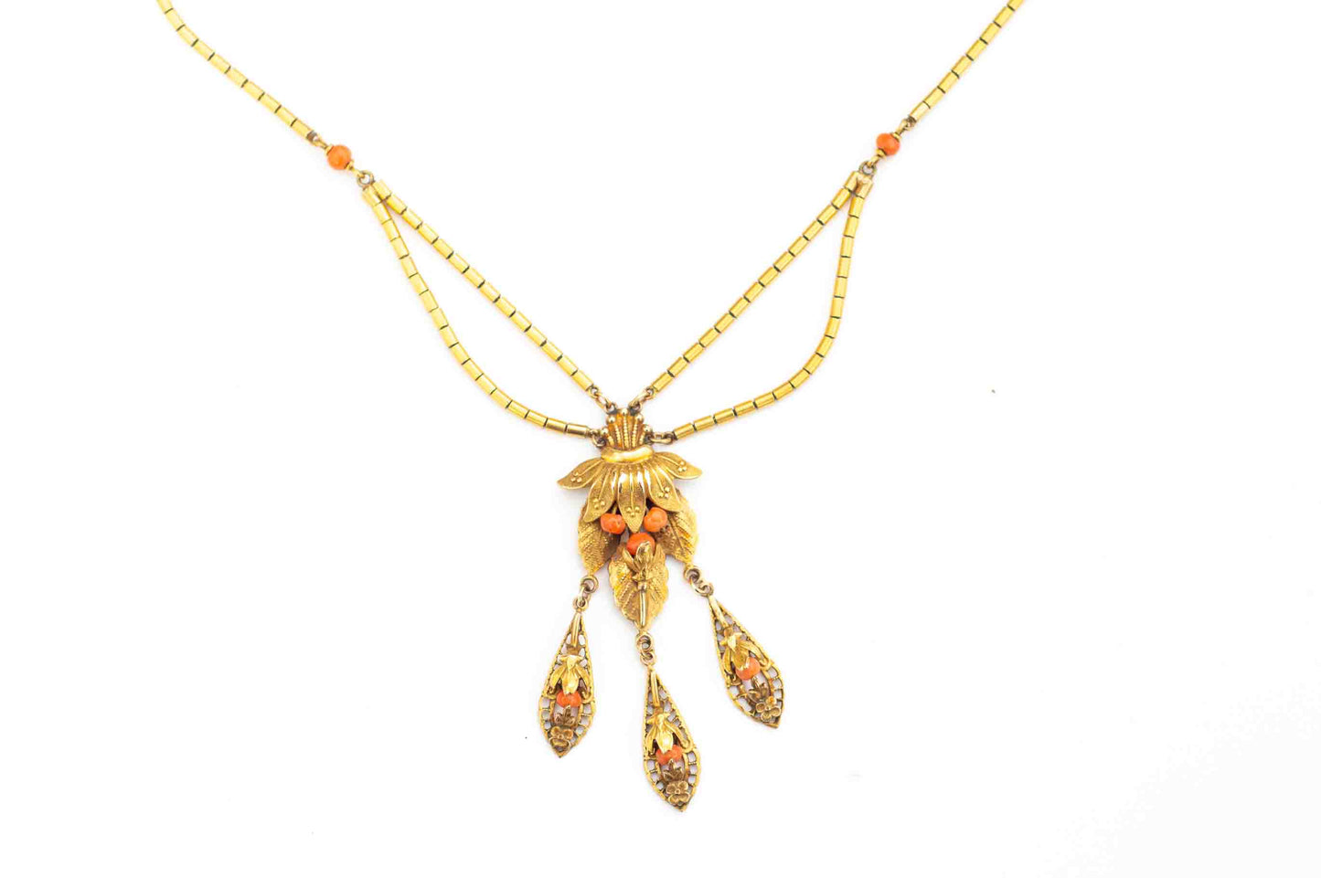 Antique Victorian Etruscan Revival Coral Gold Filled Festoon Necklace