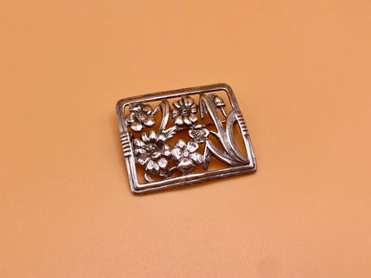 Sterling Art Nouveau Rectangular Brooch w/ Flowers