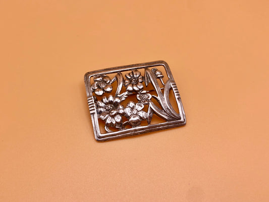 Sterling Art Nouveau Rectangular Brooch w/ Flowers