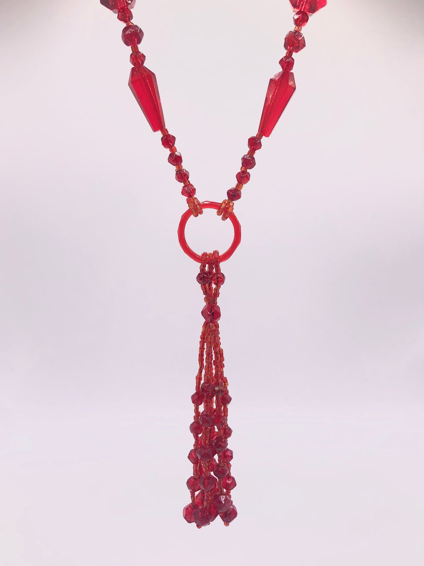 Vibrant Red Glass Beaded Long Flapper Necklace