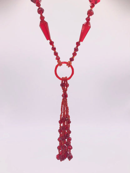 Vibrant Red Glass Beaded Long Flapper Necklace