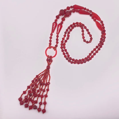 Vibrant Red Glass Beaded Long Flapper Necklace