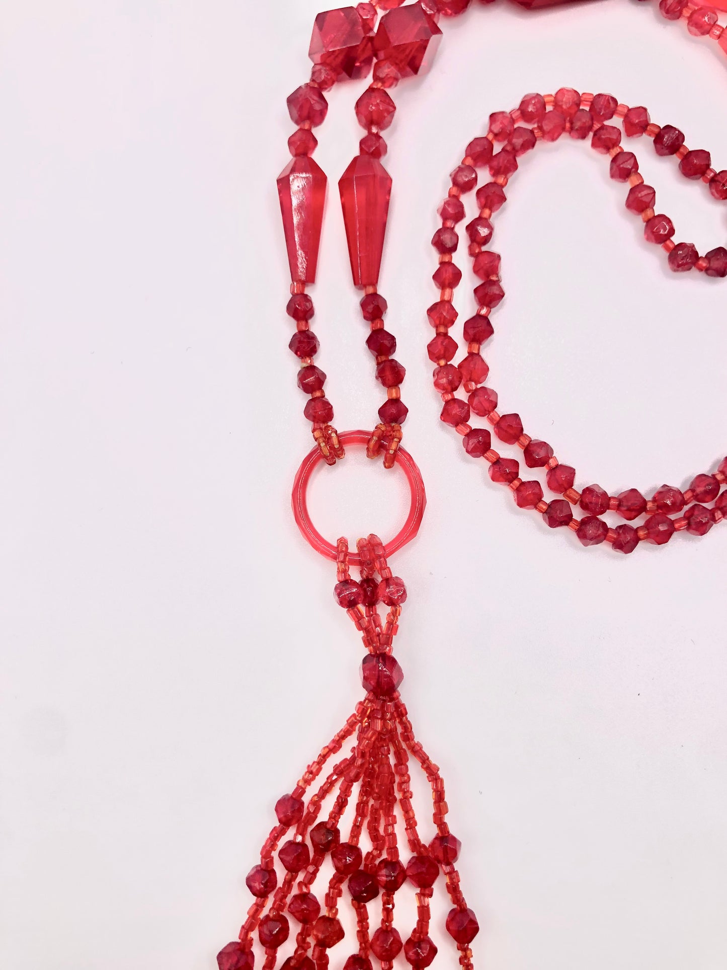 Vibrant Red Glass Beaded Long Flapper Necklace