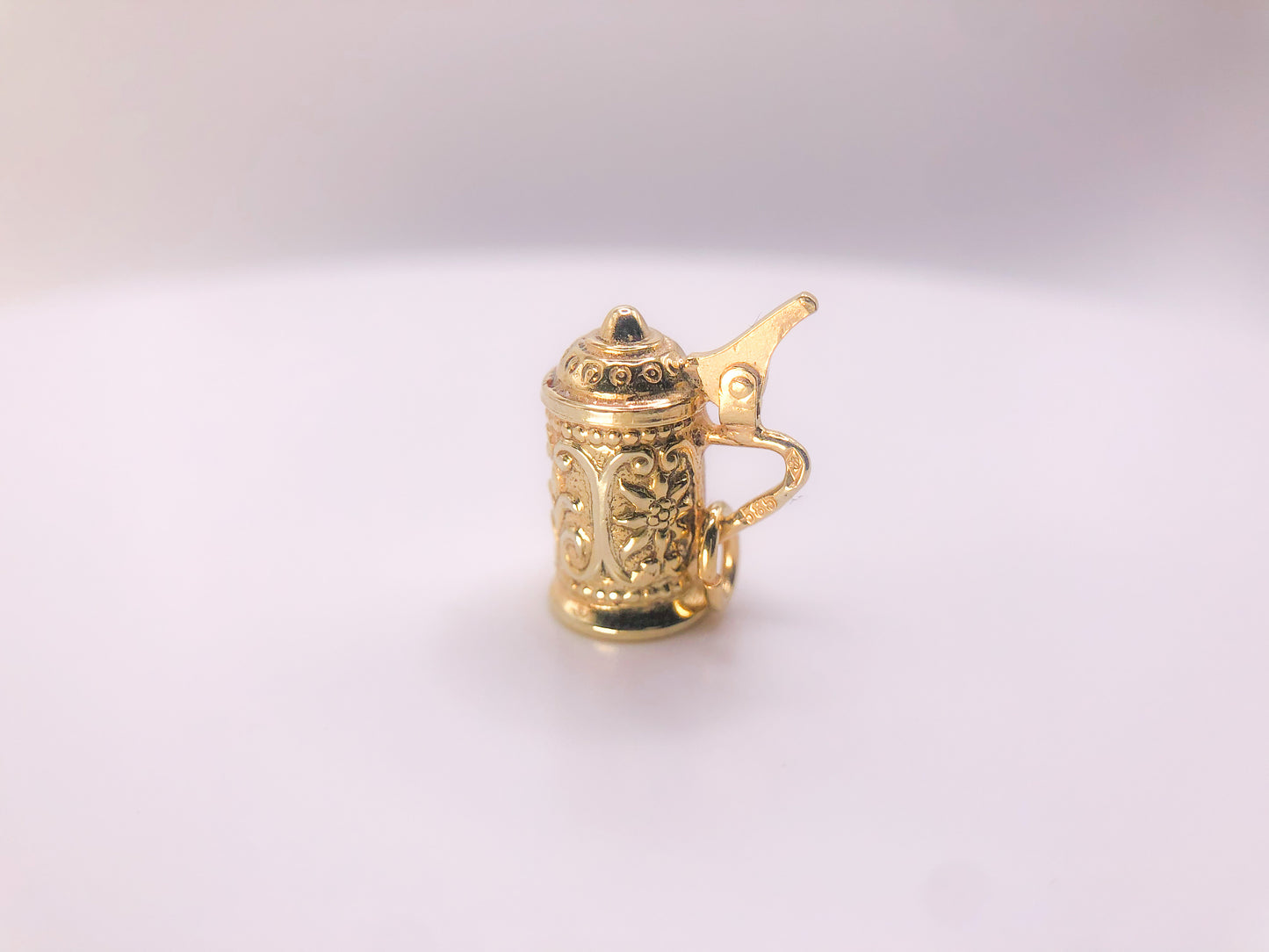 Vintage 14k Mechanical German Stein Repousse Tankard Charm Moving Parts Hinged Lid