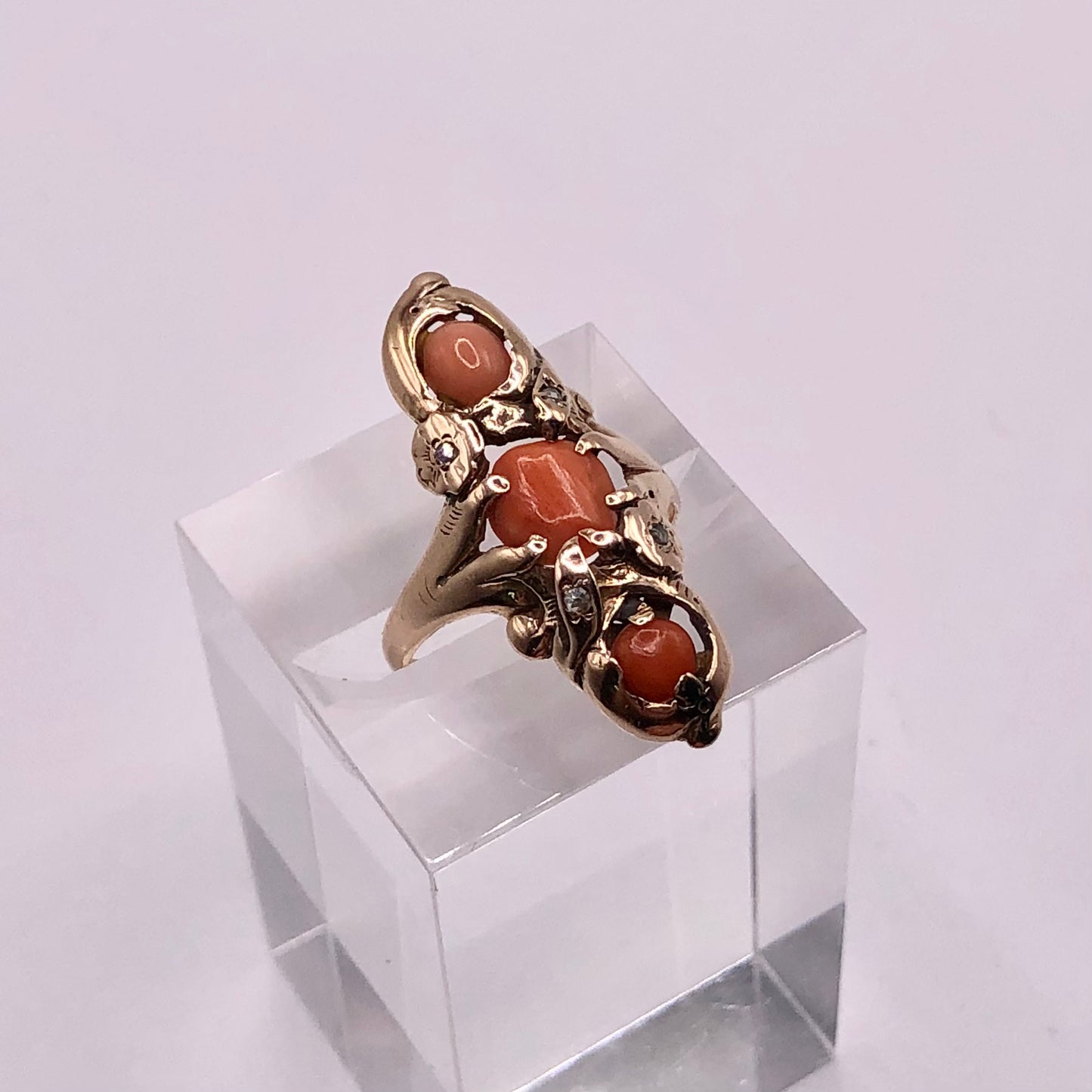 Elongated Art Nouveau Victorian 14k Solid Gold Ring with Coral & Diamonds