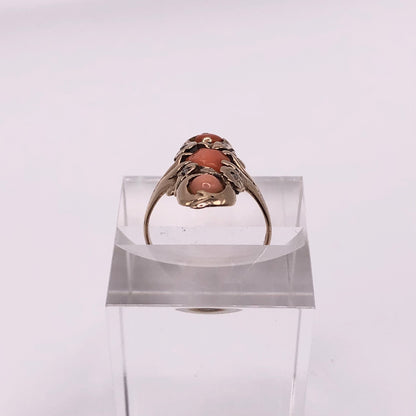 Elongated Art Nouveau Victorian 14k Solid Gold Ring with Coral & Diamonds